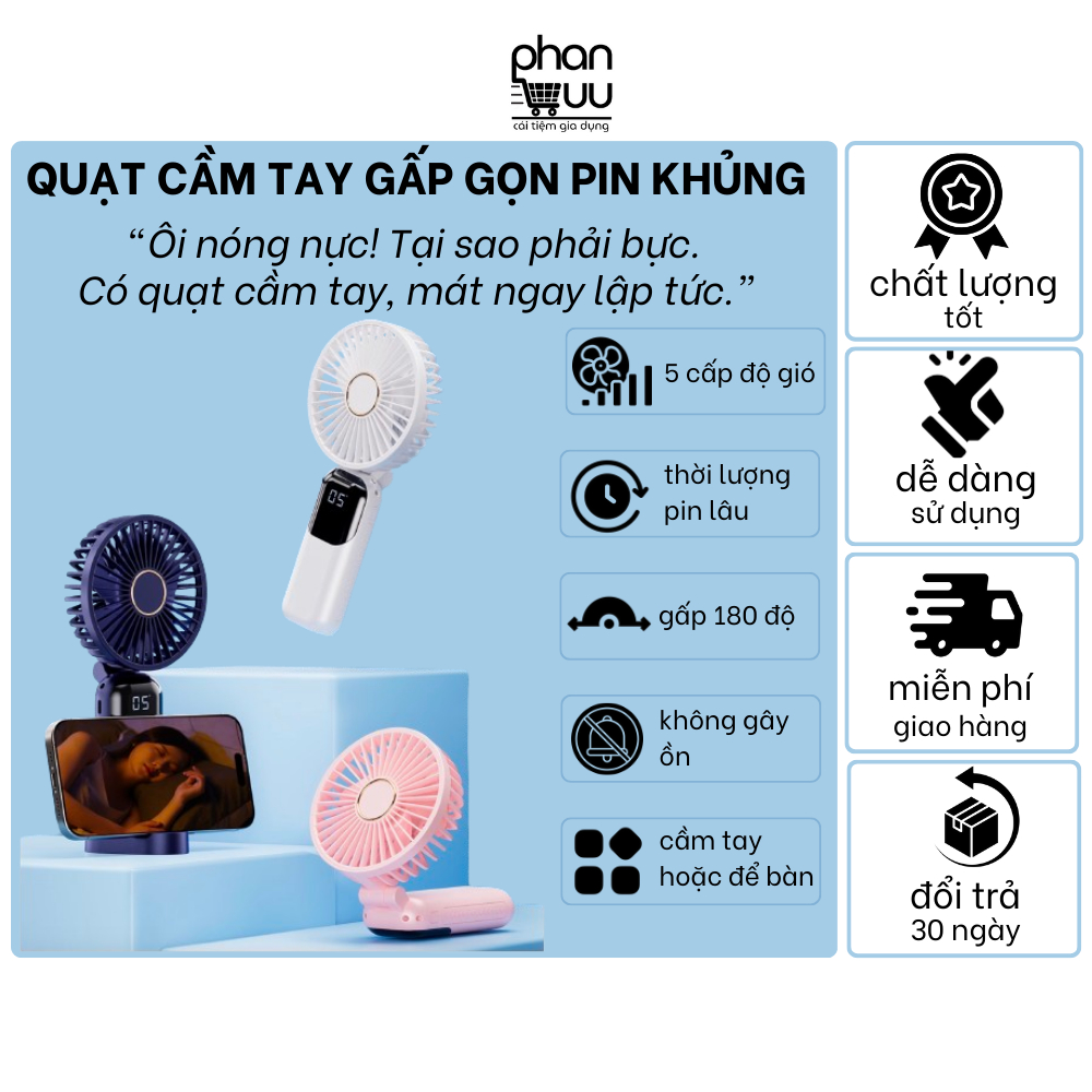 Quạt Cầm Tay Mini Pin Sạc 6000 mAh 5 Cấp Độ Gió Gấp Gọn 180 Độ Hiển Thị % Pin Và Tốc Độ