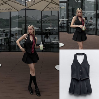 (sẵn S/M) Váy Gile liền kẻ xám phong cách cá tính Zara xuất