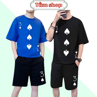 Bộ Đồ Cộc Nam Nữ Mùa hè Bộ Quần Áo mặc nhà Phối Họa Tiết lá bài BA BÍCH Phong Cách Phố Chất Thun Mè Cực Chất Bốn Màu