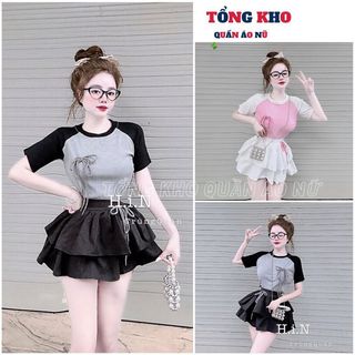 Set Váy Nữ Áo Thun Cổ Tròn Ngắn Tay Dáng Baby Tee Thắt Nơ Kèm Chân Váy Bèo Phối Rèn Có Quần Bảo Hộ - TONGKHO