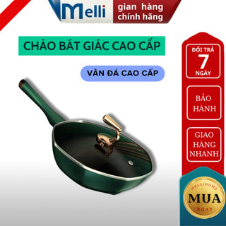 Chảo gang cao cấp bát giác Chảo vân đá Siêu chống dính MELLI Tráng men cao cấp 32cm sử dụng trên bếp từ