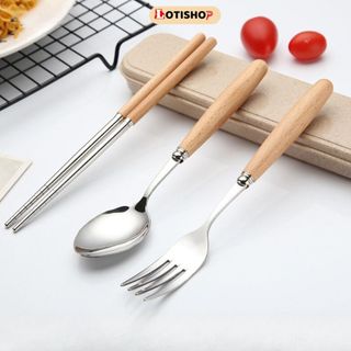 Bộ thìa đũa muỗng dĩa inox 304 cán gỗ dài cao cấp Dụng cụ cá nhân ăn cơm văn phòng dã ngoại tiện lợi
