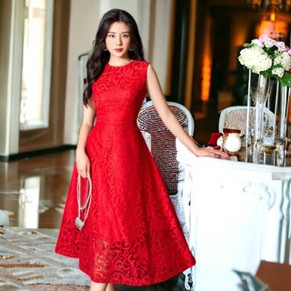 [ẢNH THẬT] Váy đầm ren màu đỏ dáng a dài xòe sát nách cổ tròn sang đẹp đi dự tiệc đi chơi