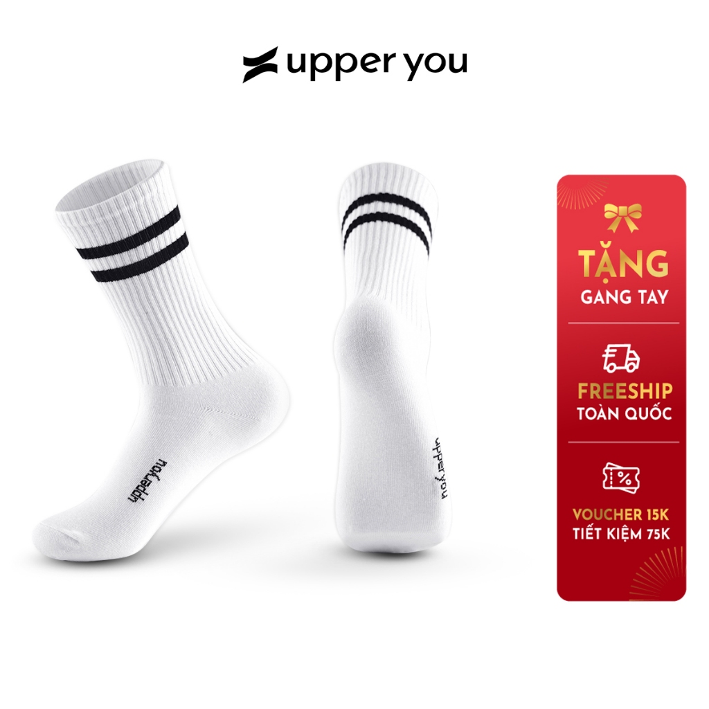 Tất Vớ Nam Nữ Gân Trơn Cổ Cao UPPER YOU Cotton Tự Nhiên Kẻ Sọc Thời Trang 2 Màu Đen Trắng Dày Dặn Êm Ái - BSF4001