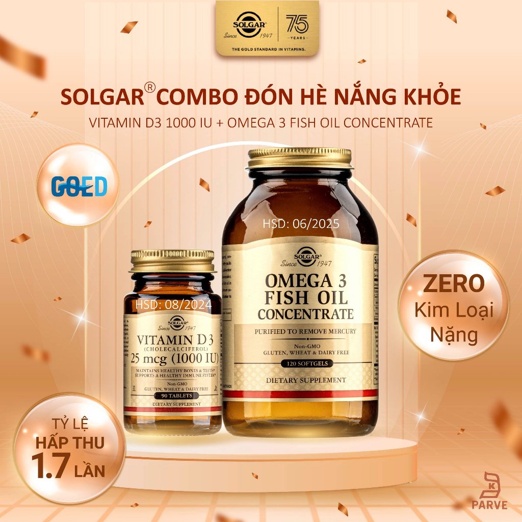 Combo Đón hè Nắng khỏe - Solgar Omega 3 Fish Oil Concentrate - Solgar Vitamin D3 15 mcg (1000 IU)