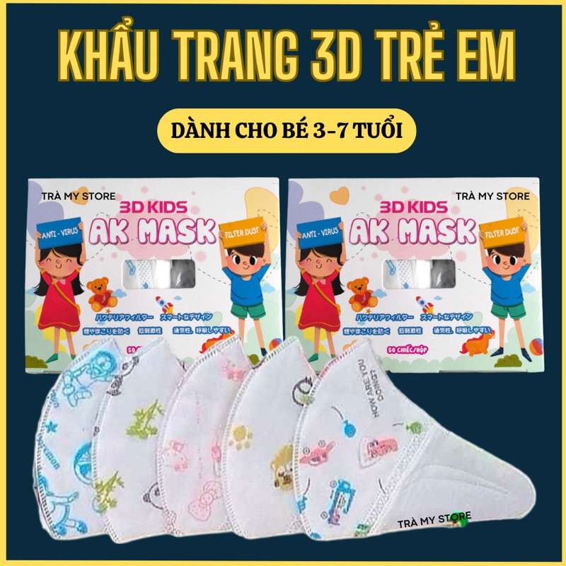 Hộp 50 Chiếc Khẩu Trang Kháng Khuẩn Trẻ Em 3D AK Kids Mask Hoạ Tiết Cho Bé 3-7 tuổi