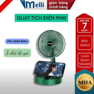 Quạt tích điện mini MELLI  để bàn Gấp gọn, 3 tốc độ gió, xoay 360 độ, cổng sạc USB, pin 1200mAh tiện dụng