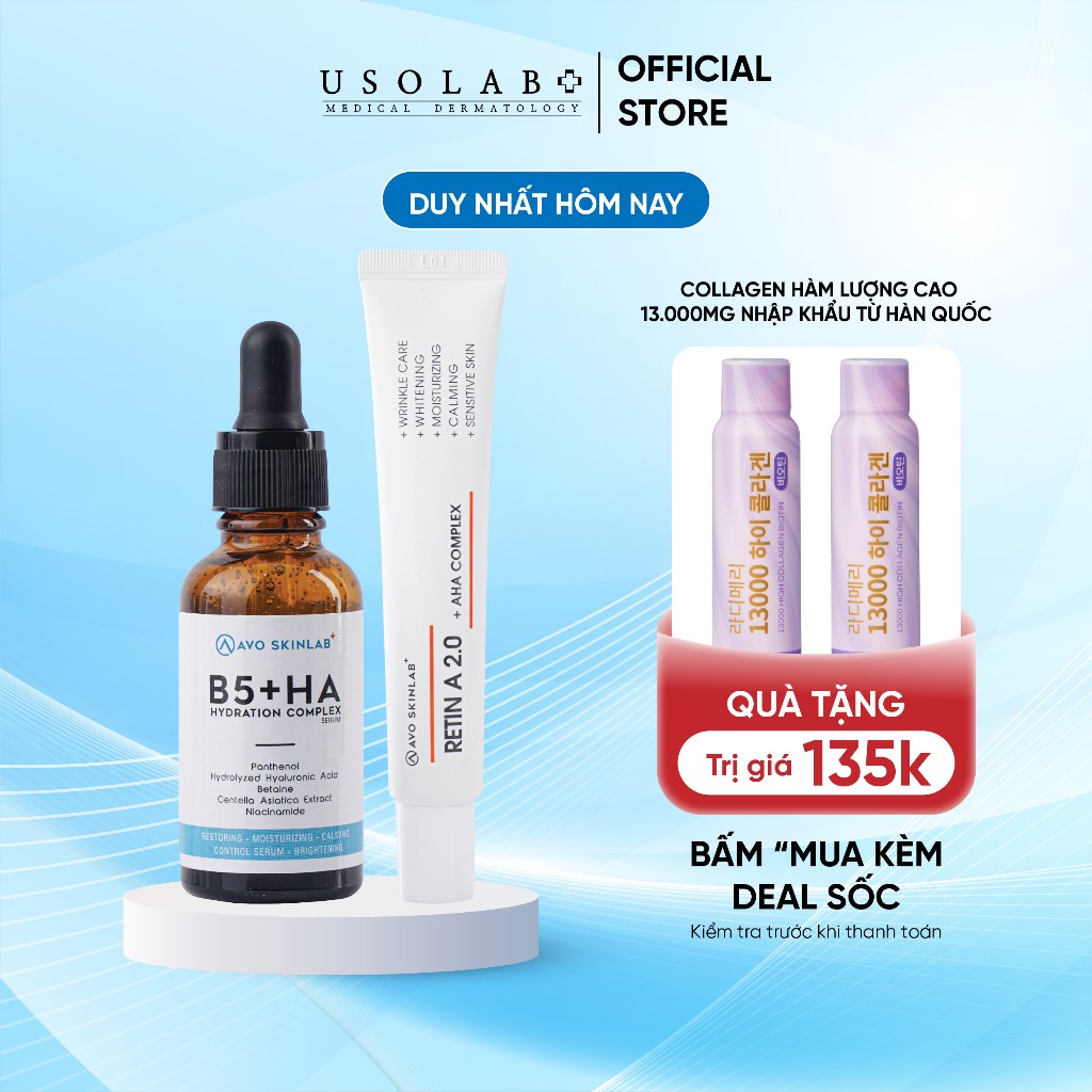 Bộ đôi trẻ hoá, giảm nếp nhăn và mụn USOLAB Serum HA B5 30ml + Kem Retin Dưỡng Chống Lão Hóa 30ml