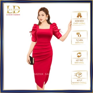 Váy Nữ Trung Niên Đi Tiệc Sang Trọng Thiết Kế Cao Cấp LUX DIVA Váy Cho Mẹ Cổ Vuông Tay Nơ Vol SDV048