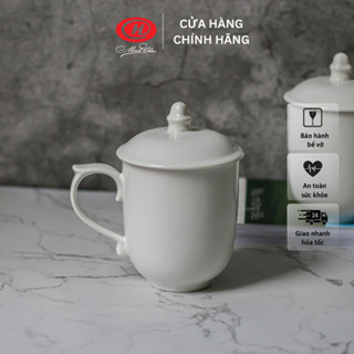 Cốc nước trắng trơn có quai kèm nắp đậy sứ Minh Châu 360ml - CN06
