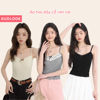 Áo Hai Dây Nữ Cotton GUDLOOK Phối Nơ Viền Ren Có Miếng Đệm Ngực