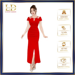 Váy Nữ Dạ Hội Đi Tiệc Sang Trọng Thiết Kế Cao Cấp LUX DIVA  Xếp Ly Trễ Vai Phụ Kiện Đính Cổ SDV64