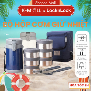 Bộ hộp cơm giữ nhiệt LocknLock Easy Carry 2L LHC8039 , có túi, gồm 3 hộp kèm 1 bộ muỗng nĩa - K-MALL