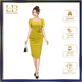 Váy Nữ Đi Tiệc Sang Trọng Thiết Kế Cao Cấp LUX DIVA Đầm Cổ Vuông Phụ Kiện Bông Eo SDV46