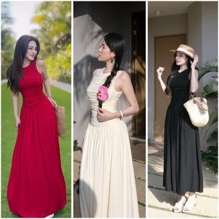 Đầm dài áo nhún thân , chất thun ladong