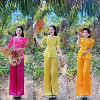 Sét bộ bà ba cổ tim tay lỡ đính ngọc chất lụa mango từ 40-70kg
