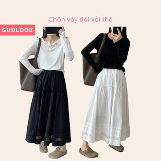 Chân Váy Midi Chất Thô GUDLOOK Tầng Viền Ren Màu Trắng