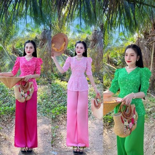 ĐỒ BỘ BÀ BA CỔ TIM TAY LỠ LỤA MANGO CAO CẤP