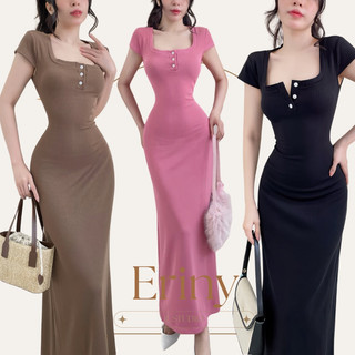 ERINY - Đầm maxi thun gân cao cấp, cổ xẻ nút trẻ trung, bảng dây siết eo cá tính tôn dáng