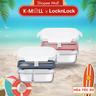 Hộp đựng cơm thủy tinh LocknLock LLG991CL , 2 ngăn kèm muỗng đũa 930ml dùng được lò vi sóng - K-Mall