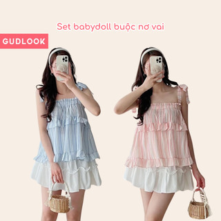 Set Áo Hai Dây Đũi Nơ Vai GUDLOOK Chân Váy Đũi Bèo 3 Tầng Chất Mát Nhiều Màu