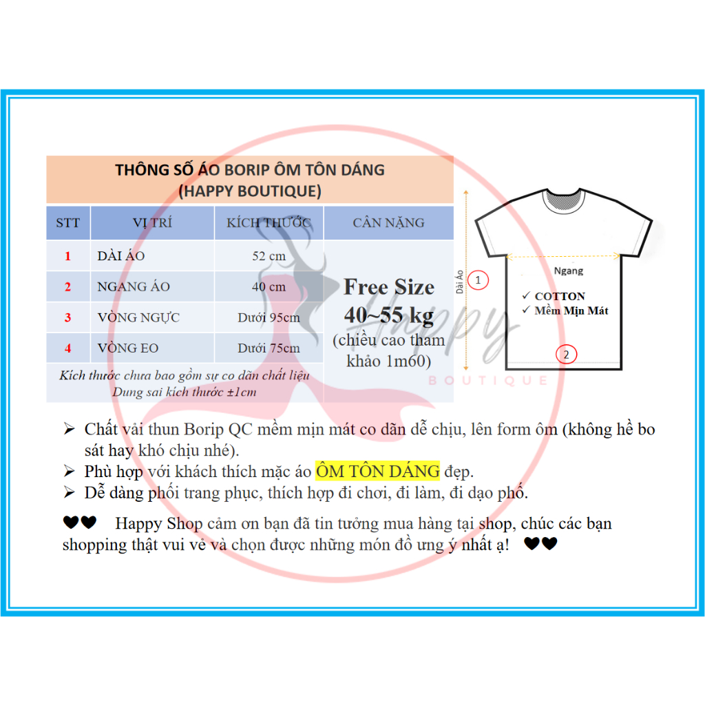 Áo Thun Ôm Nhiều Mẫu Borip Form Tôn Dáng, Từ 40kg đến 55kg, Chất Cotton Mềm mịn Co Dãn, Không Bó Sát | BigBuy360 - bigbuy360.vn