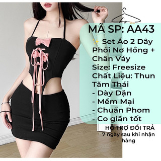 Set Áo 2 Dây Kiểu Cá Tính Phối Nơ Hồng + Chân Váy Thích Hợp Đi Chơi, Đi Tiệc