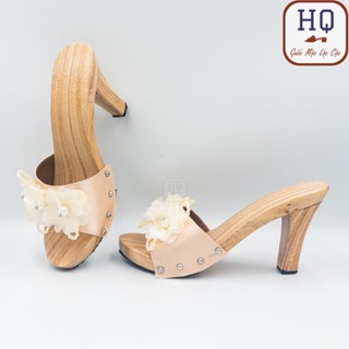 Guốc gỗ gót nhọn quai kết hoa Thủy Tiên dép nữ cao gót 6 phân 9 phân 12 phân guốc mộc cách tân mặc áo dài bà ba chụp hìn