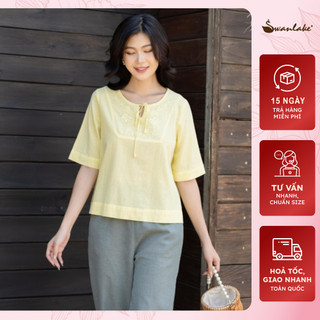SWANLAKE | Áo Kiểu Nữ Vải Linen Cao Cấp Dáng Rộng Cổ Tròn Cách Điệu Thắt Nơ Tay Ngắn Thêu Hoa Chìm Tặng Mẹ - A10832LW01