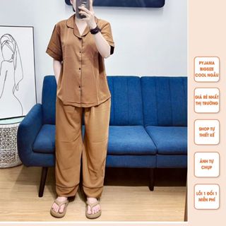  Đồ ngủ nữ bigsize nâu trơn cộc dài chất lụa Mango không nhăn dành cho cân nặng 40kg - 90kg 