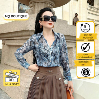 Áo sơ mi nữ tơ dài tay cao cấp công sở họa tiết loang xanh ghi , áo sơ mi họa tiết thiết kế MQ Boutique