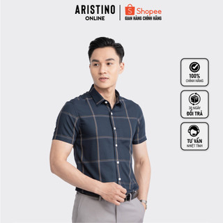 Áo sơ mi ngắn tay 𝐀𝐑𝐈𝐒𝐓𝐈𝐍𝐎 ass058s3 màu xanh tím than kẻ vàng