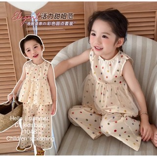Set áo sát nách chấm bi mix quần suông đũi cho bé gái mặc hè
