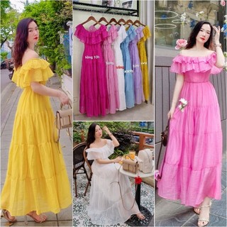 Váy Maxi tơ xước M5 bohemieng cổ bèo to 2 tầng , chất tơ mịn mát, lót lụa. Được thiết kế may kỹ đẹp xuất sắc. Ảnh thật