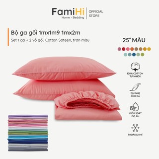 Bộ ga gối 3 món cho giường 1mx2m 1mx1m9 Cotton Satin Hàn FamiHi Bedding cao cấp, combo 1 ga chun 1m, 2 vỏ gối 50x70cm
