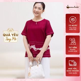 SWANLAKE | Áo Kiểu Nữ Trung Niên Vải Tơ Mềm Mại Thấm Hút Thêu Họa Tiết Viền Hoa Cổ Tròn Tay Ngắn Tặng Mẹ Bà - A11244LW01