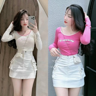 Set chân váy kaki dáng mini mix áo tăm lạnh dài tay cổ tròn phong cách trẻ trung, cá tính