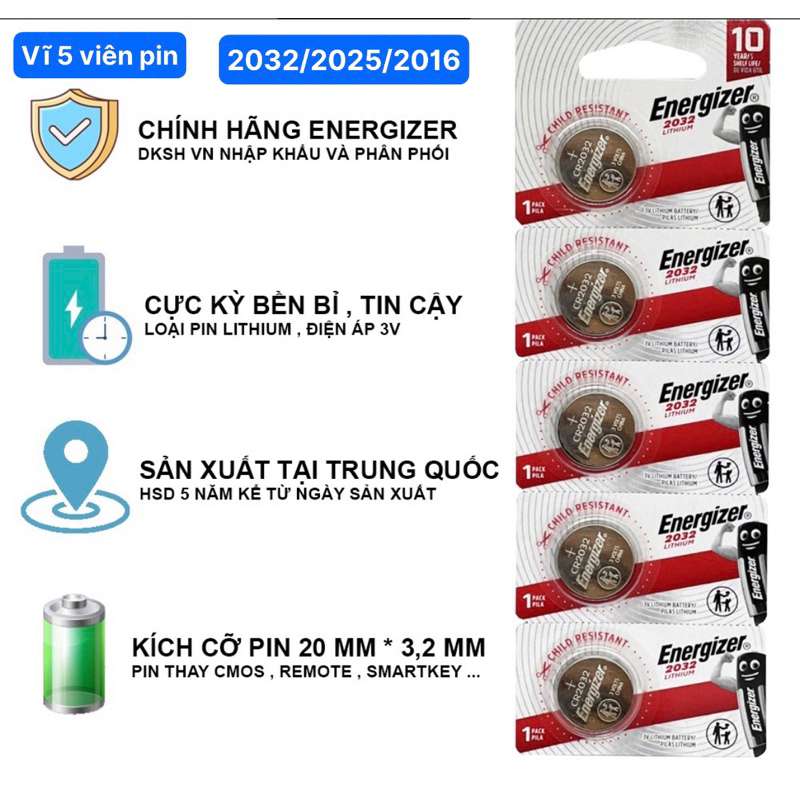 Pin CR2032/CR2025/CR2016 Energizer vỉ 5 viên hàng chính hãng tiết kiệm hơn
