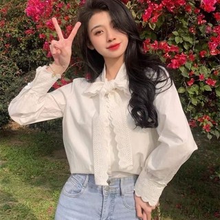 Áo sơ mi nữ trắng công sở dài tay cổ thắt nơ viền hoa phong cách Hàn Quốc