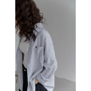 Áo sơ mi chất liệu Linen họa tiết sọc xanh thêu chữ phong suông [ẢNH THẬT ]