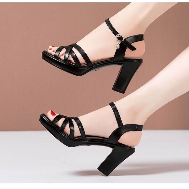 Dép nữ PU Nhẹ Êm HShop cao gót bốn quai đan chéo thanh lịch 5 phân, 7 phân đủ Size lớn nhỏ KH-05
