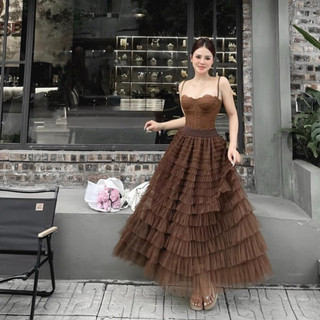 Set áo ren + cv maxi tầng nâu tây hàng qccc l1
