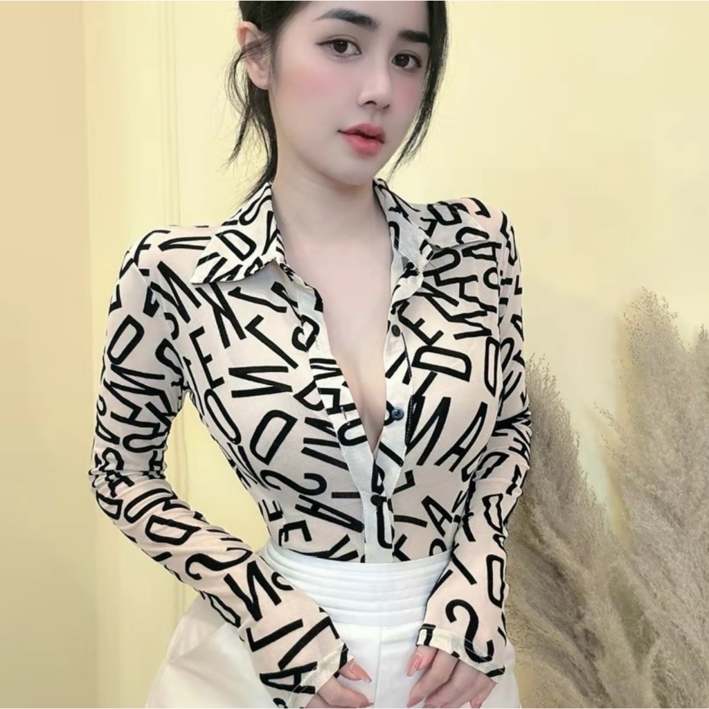 Áo Sơ Mi Thun Lưới Họa Tiết Chữ Dáng Đuôi Tôm Vạt Bầu A9