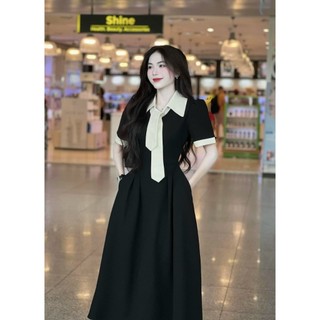 đầm nữ chất cotton lạnh cổ tiểu thư cột nơ phối trắng tay ngắn váy xoè qua gối màu đen HQ