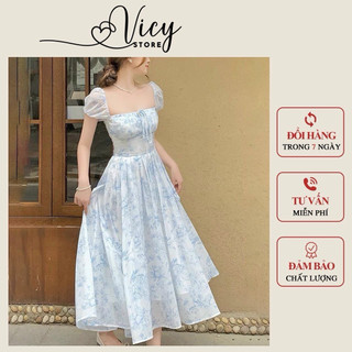 Đầm hoa xanh mẫu mới cột dây cổ có mút ngực tay ngắn, đầm thời trang nữ mặc đi biển váy xoè maxi QC