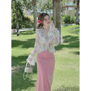 Sét váy thời trang nữ mặc đi du lịch biển HÈ áo chất voan in hoa bèo tay dài phối chân váy xẻ tà maxi tuyết nhung