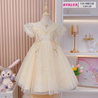 Đầm Công Chúa Bé Gái Vàng Xòe Tay Lửng Ren Thêu Đính hạt cho bé gái - Đầm bé gái Avalyakids - Váy bé gái cao cấp - MK01