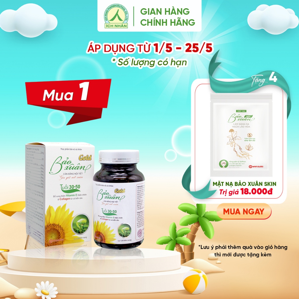 Viên uống Bảo Xuân Gold Dạng Lọ giúp tăng cường nội tiết tố nữ, cải thiện sinh lý nữ, làm đẹp da chống lão hóa (Lọ 120v)