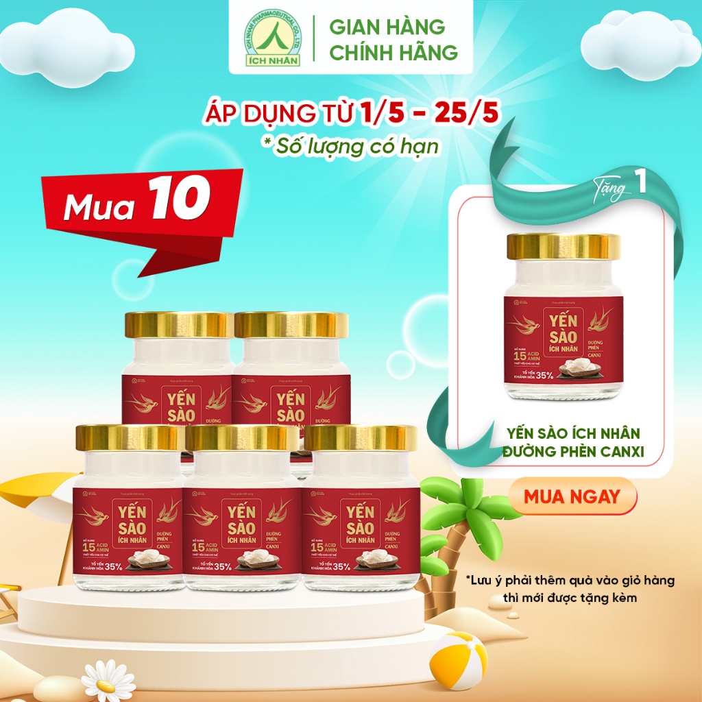 Combo 10 Lọ Yến Sào Ích Nhân Đường Phèn Canxi 70ml bồi bổ sức khỏe, giúp xương chắc khỏe, tăng đề kháng & miễn dịch