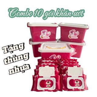 Combo 10 khăn giấy ướt gấu dâu tặng thùng nhựa gấu dâu losto - thùng dâu 80 tờ vuông